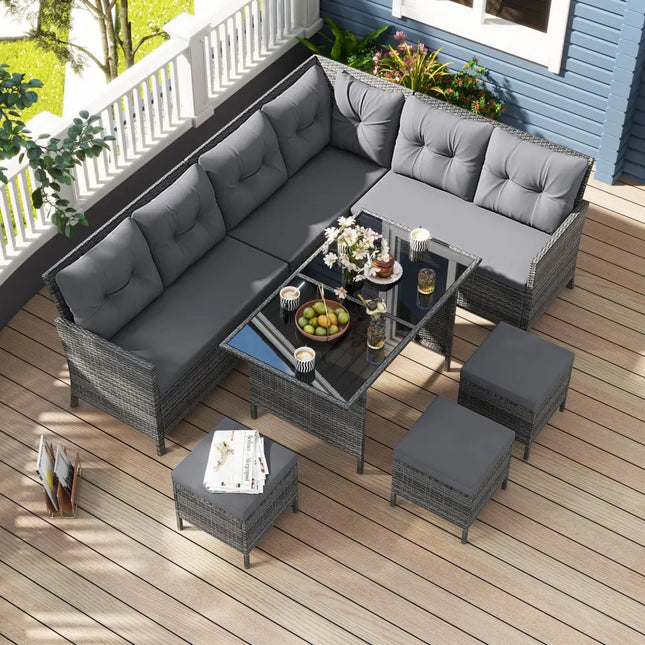 7 Pieces Patio Dining Furniture Set with Soft Cushions and Ottomans-Gray - Gray - Patio Dining Sets