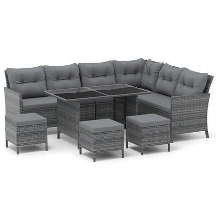 7 Pieces Patio Dining Furniture Set with Soft Cushions and Ottomans-Gray - Gray - Patio Dining Sets