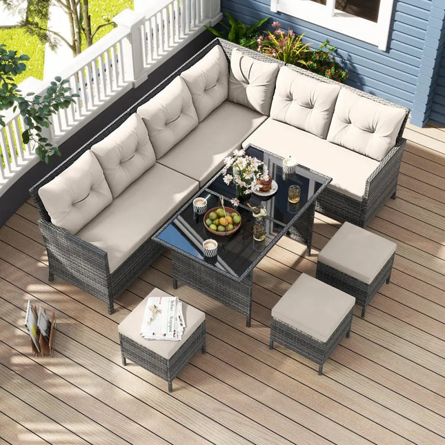 7 Pieces Patio Dining Furniture Set with Soft Cushions and Ottomans-White - White - Patio Dining Sets