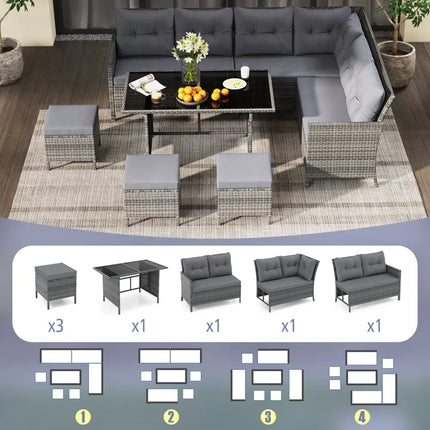 7 Pieces Patio Dining Furniture Set with Soft Cushions and Ottomans-Gray - Gray - Patio Dining Sets