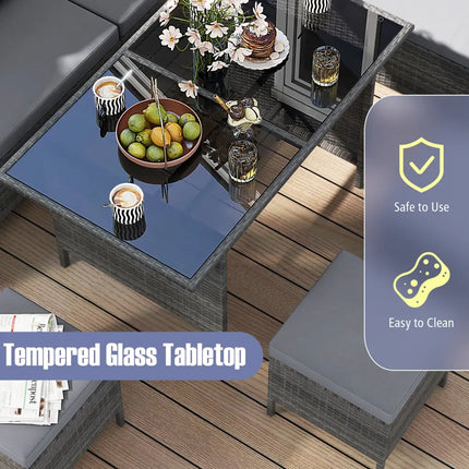 7 Pieces Patio Dining Furniture Set with Soft Cushions and Ottomans-Gray - Gray - Patio Dining Sets