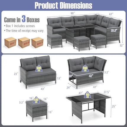 7 Pieces Patio Dining Furniture Set with Soft Cushions and Ottomans-Gray - Gray - Patio Dining Sets