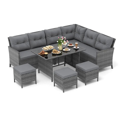 7 Pieces Patio Dining Furniture Set with Soft Cushions and Ottomans-Gray - Gray - Patio Dining Sets