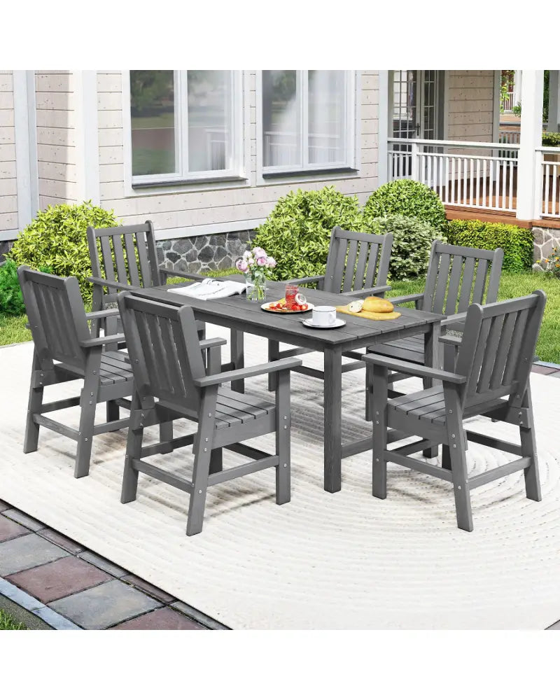 7 Pieces Patio Dining Set Outdoor HDPE Weather Resistant Table and Chairs Set-Grey - Gray - Patio Dining Sets
