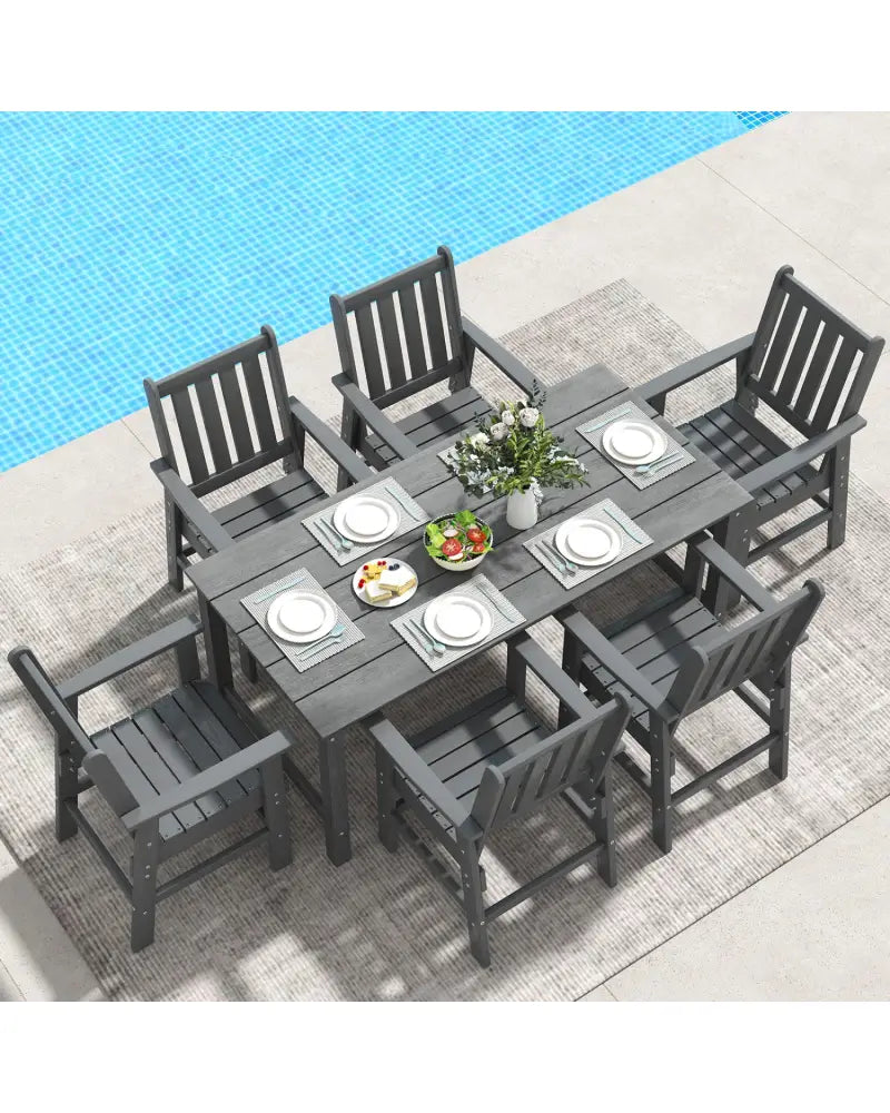 7 Pieces Patio Dining Set Outdoor HDPE Weather Resistant Table and Chairs Set-Grey - Gray - Patio Dining Sets
