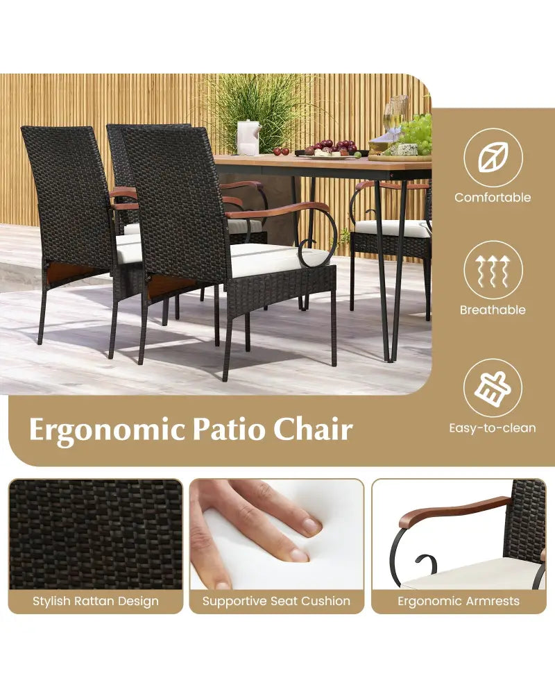 7 Pieces Patio Dining Set with Rattan Armchairs Soft Cushions 2’’ Umbrella Hole - Patio Conversation Sets