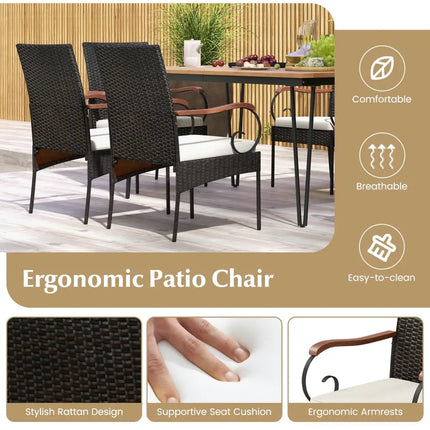 7 Pieces Patio Dining Set with Rattan Armchairs Soft Cushions 2’’ Umbrella Hole - Patio Conversation Sets