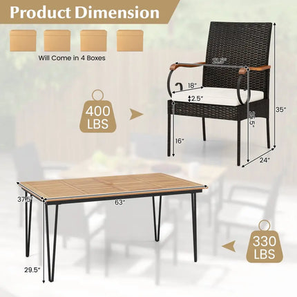 7 Pieces Patio Dining Set with Rattan Armchairs Soft Cushions 2’’ Umbrella Hole - Patio Conversation Sets