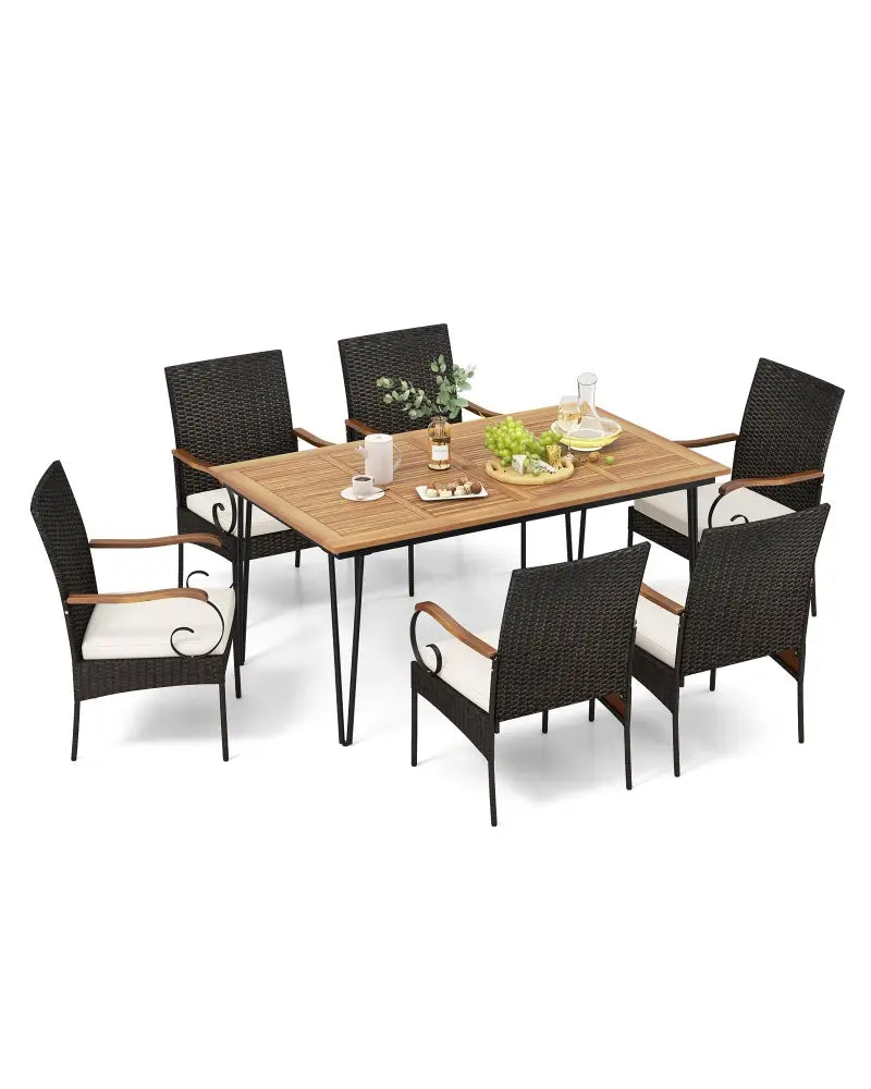 7 Pieces Patio Dining Set with Rattan Armchairs Soft Cushions 2’’ Umbrella Hole - Patio Conversation Sets