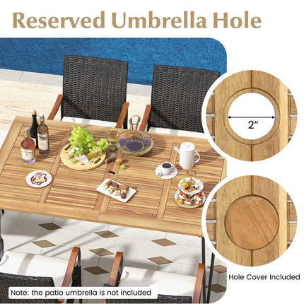 7 Pieces Patio Dining Set with Rattan Armchairs Soft Cushions 2’’ Umbrella Hole - Patio Conversation Sets