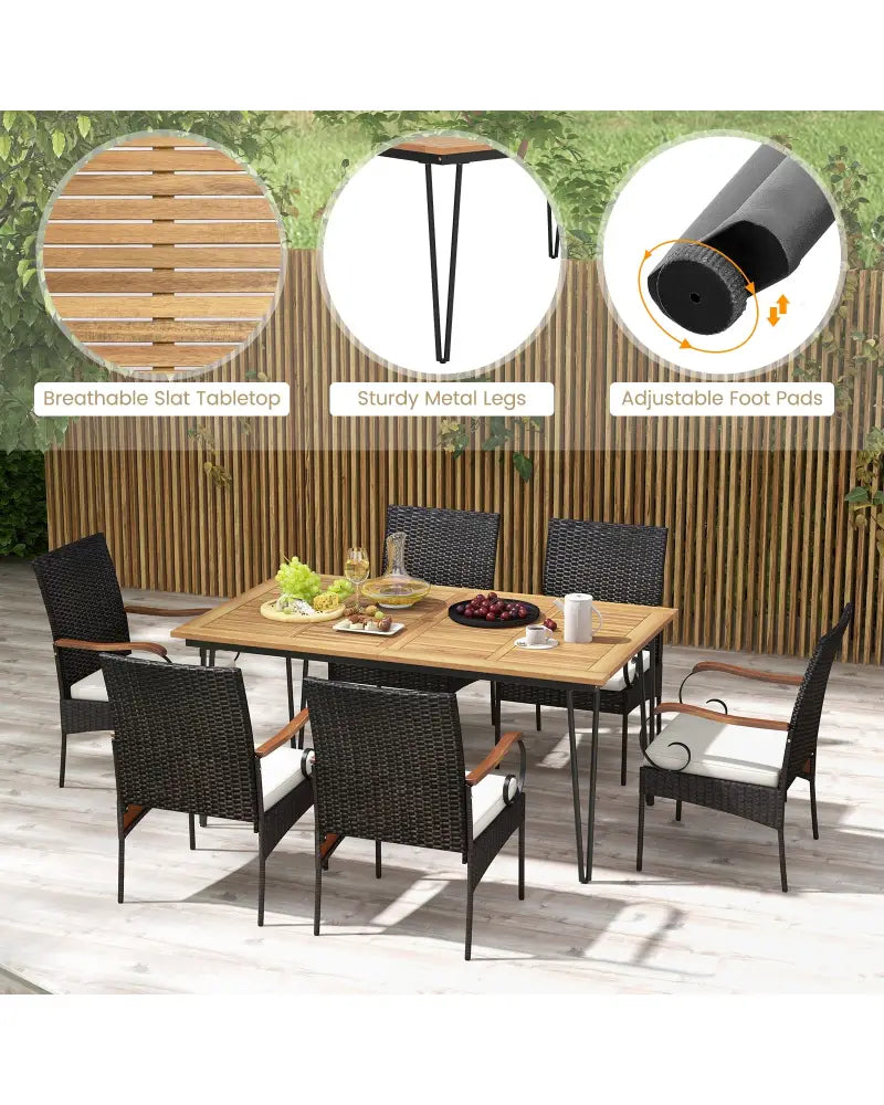 7 Pieces Patio Dining Set with Rattan Armchairs Soft Cushions 2’’ Umbrella Hole - Patio Conversation Sets