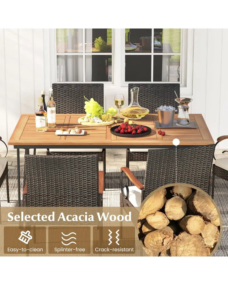 7 Pieces Patio Dining Set with Rattan Armchairs Soft Cushions 2’’ Umbrella Hole - Patio Conversation Sets