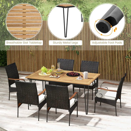 7 Pieces Patio Dining Set with Rattan Armchairs Soft Cushions 2’’ Umbrella Hole - Patio Conversation Sets