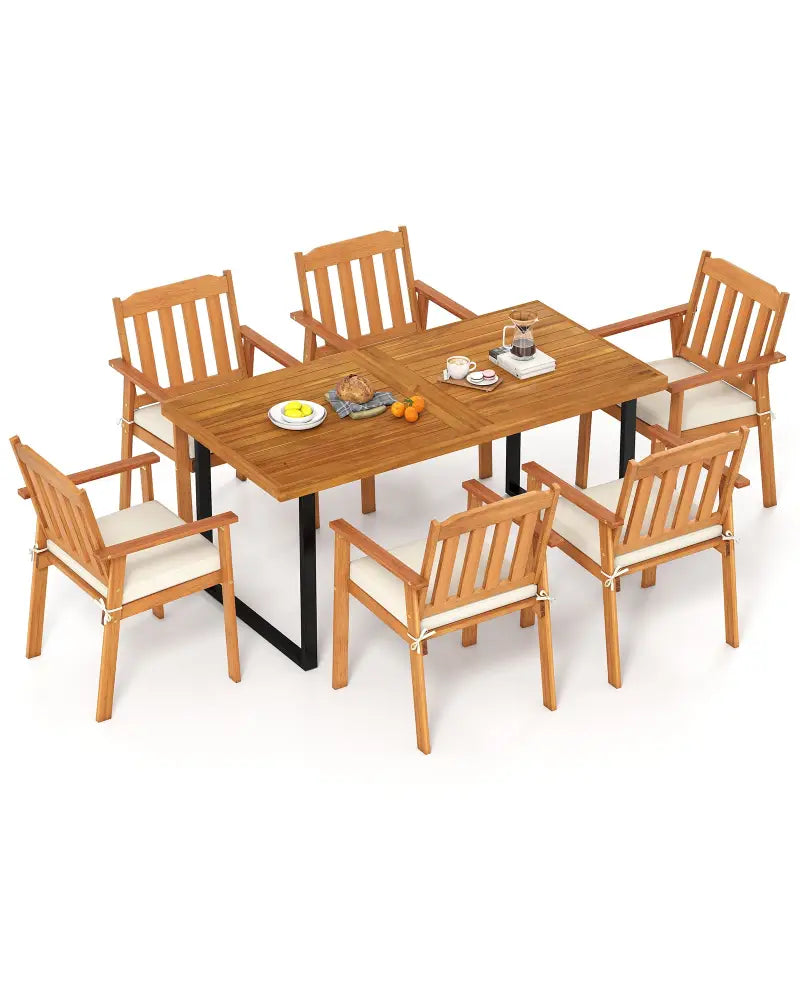 7 Pieces Patio Dining Table Set 63€ Rectangle Table and 6 Acacia Wood Armchairs - Patio Dining Sets