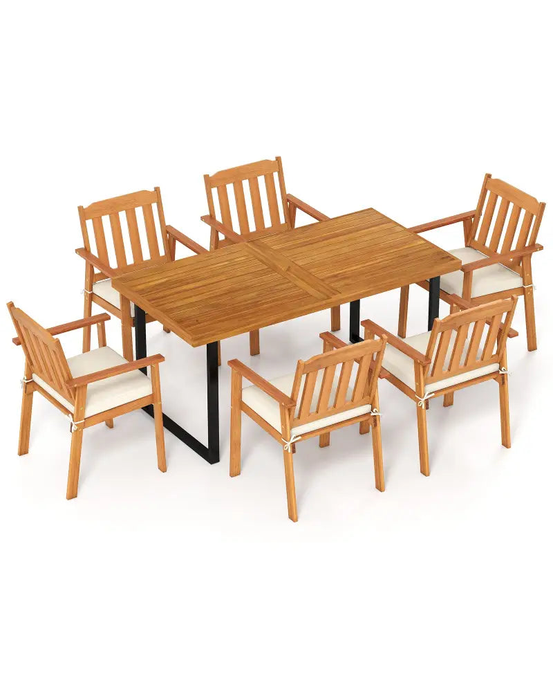 7 Pieces Patio Dining Table Set 63€ Rectangle Table and 6 Acacia Wood Armchairs - Patio Dining Sets
