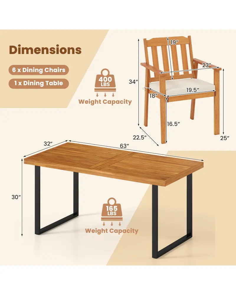 7 Pieces Patio Dining Table Set 63€ Rectangle Table and 6 Acacia Wood Armchairs - Patio Dining Sets