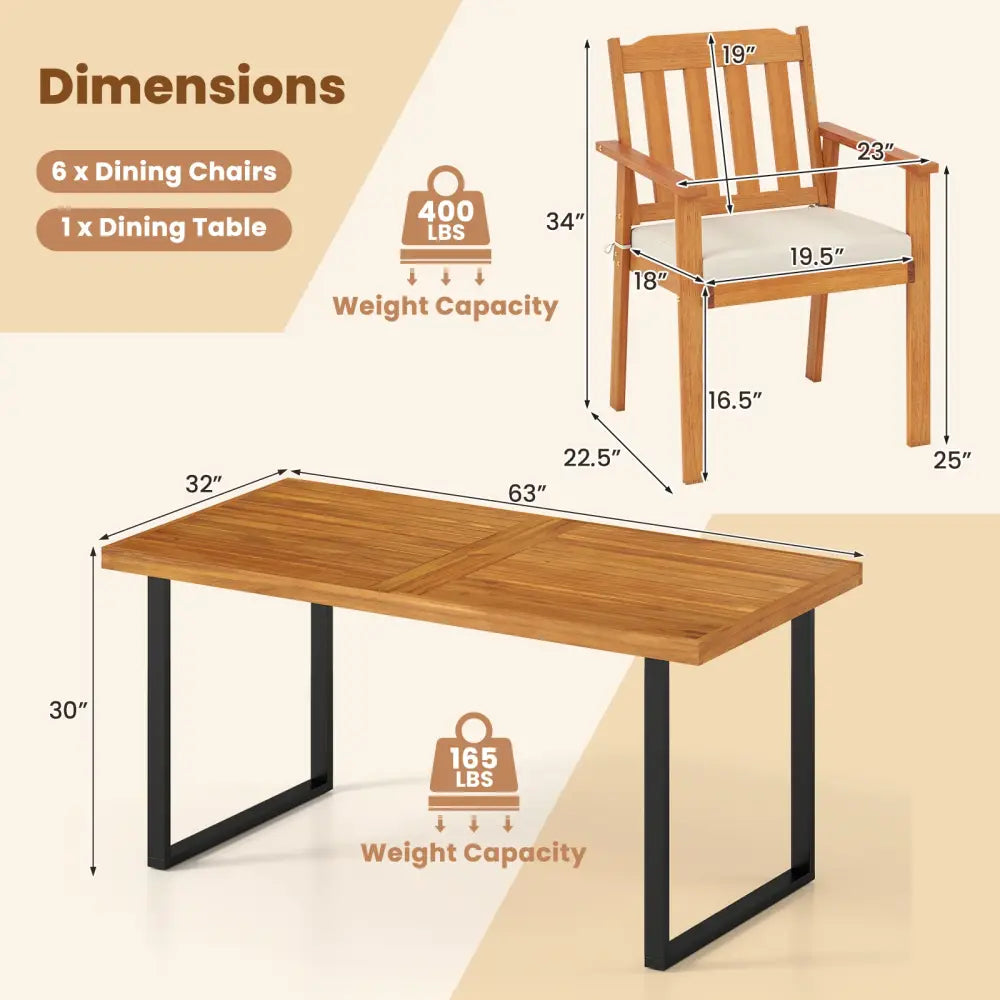 7 Pieces Patio Dining Table Set 63€ Rectangle Table and 6 Acacia Wood Armchairs - Patio Dining Sets