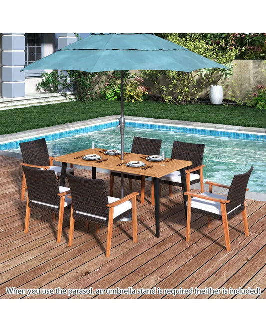 7-Pieces Patio Dining Table Set Acacia Wood Table and 6 Armchairs - Patio Dining Sets