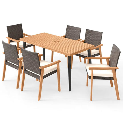 7-Pieces Patio Dining Table Set Acacia Wood Table and 6 Armchairs - Patio Dining Sets
