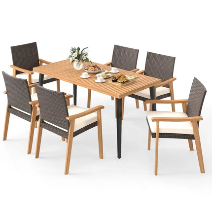 7-Pieces Patio Dining Table Set Acacia Wood Table and 6 Armchairs - Patio Dining Sets