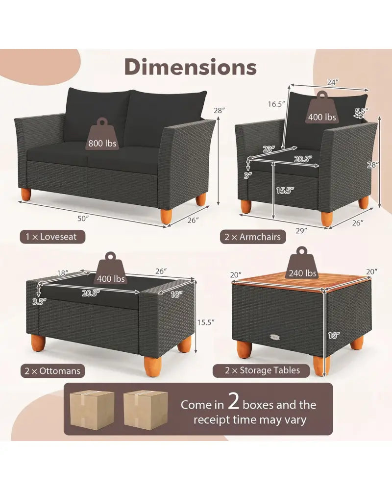 7 Pieces Patio Furniture PE Rattan Sectional Sofa Set with Armchairs and Table-Black - Black - Patio Conversation Sets