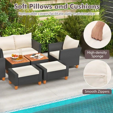 7 Pieces Patio Furniture PE Rattan Sectional Sofa Set with Armchairs and Table-white - White - Patio Conversation Sets