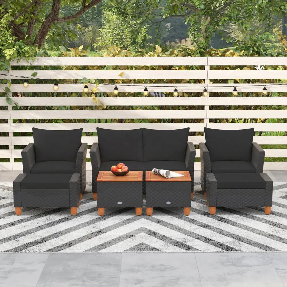 7 Pieces Patio Furniture PE Rattan Sectional Sofa Set with Armchairs and Table-Black - Black - Patio Conversation Sets