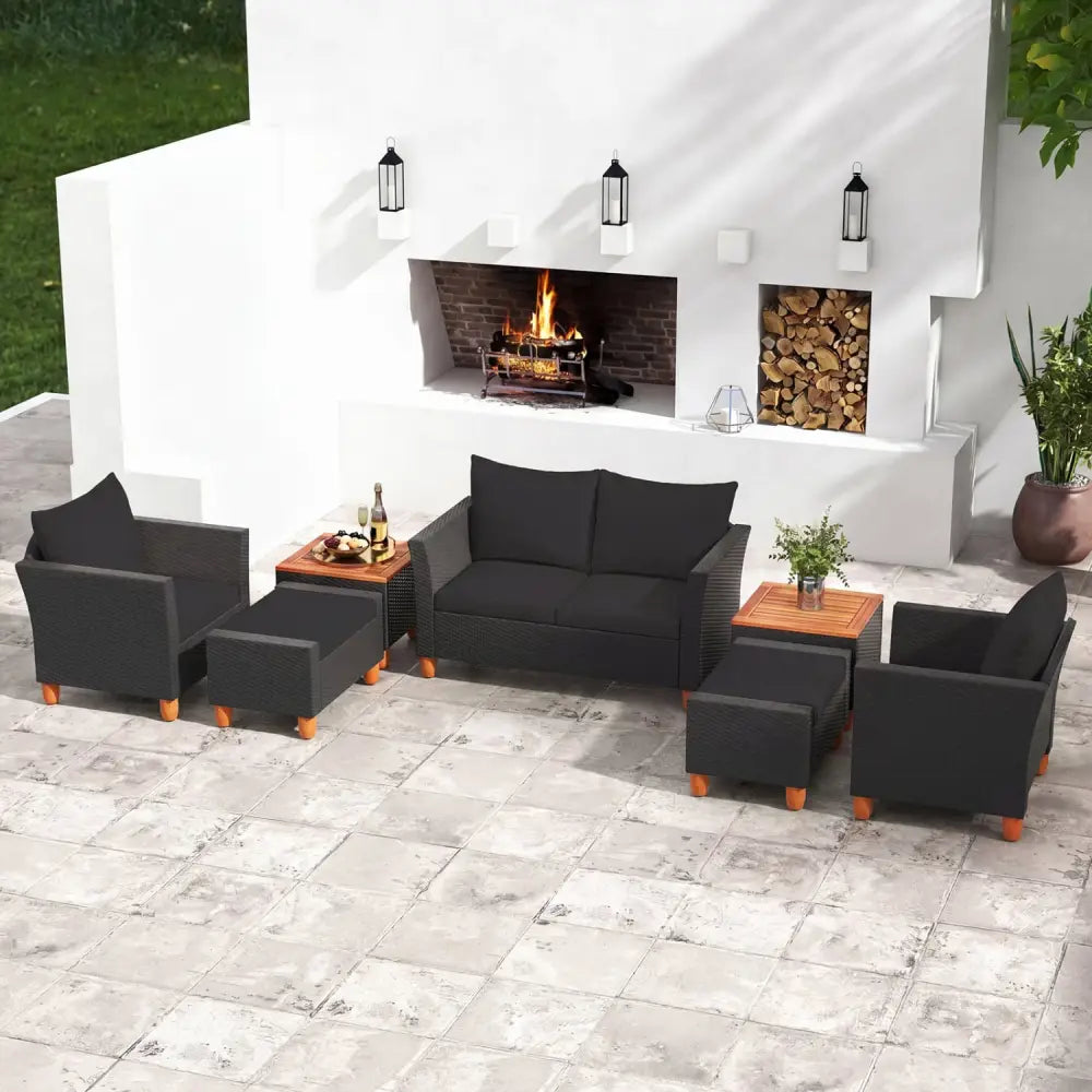 7 Pieces Patio Furniture PE Rattan Sectional Sofa Set with Armchairs and Table-Black - Black - Patio Conversation Sets