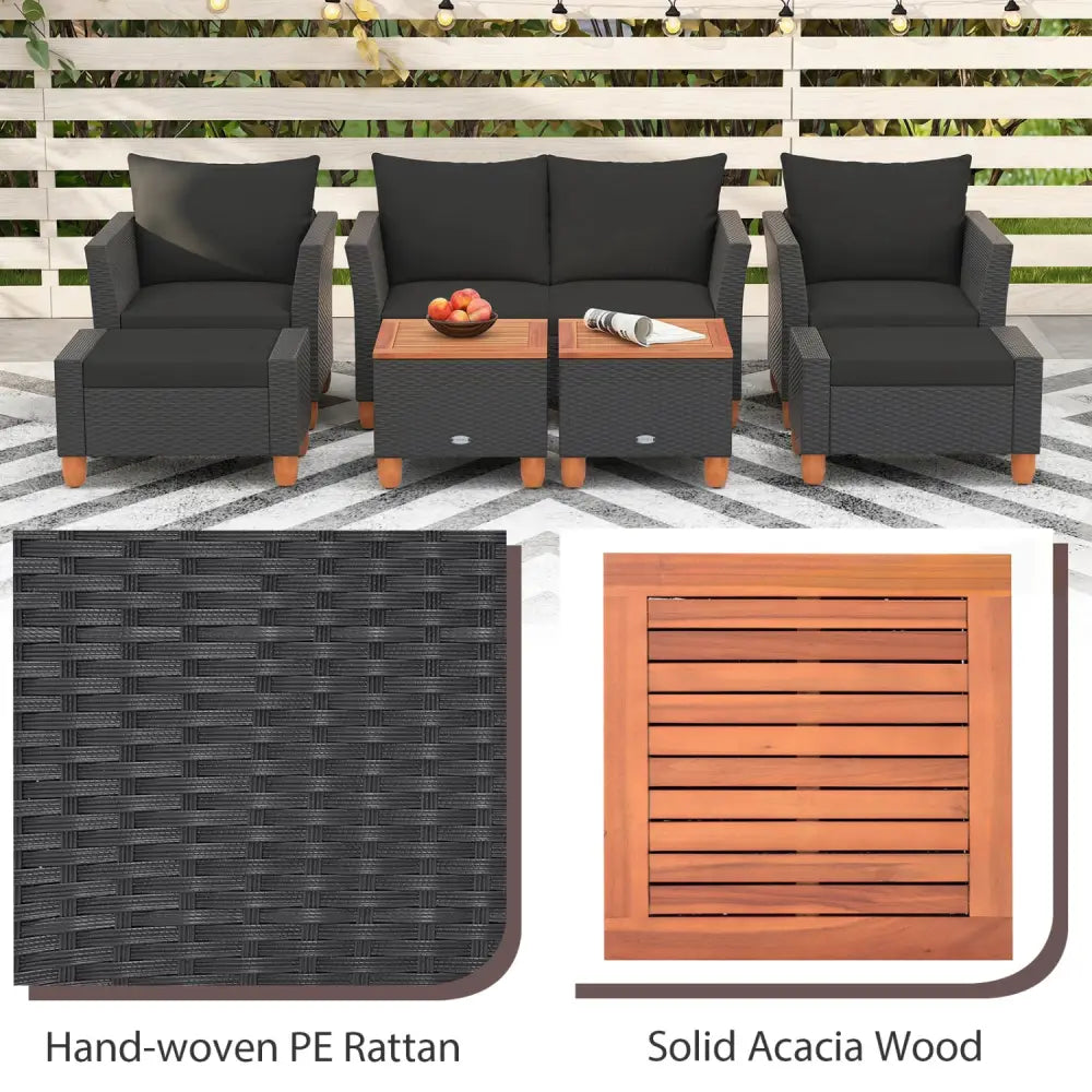 7 Pieces Patio Furniture PE Rattan Sectional Sofa Set with Armchairs and Table-Black - Black - Patio Conversation Sets