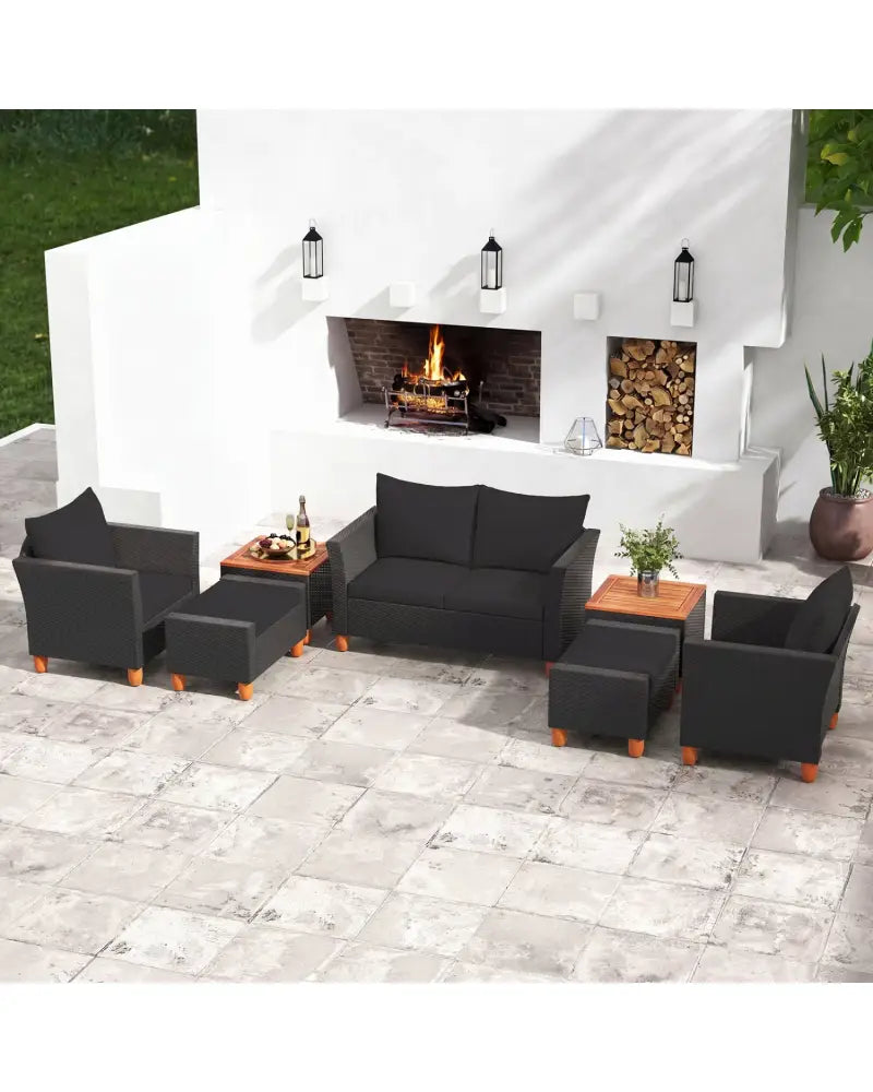 7 Pieces Patio Furniture PE Rattan Sectional Sofa Set with Armchairs and Table-Black - Black - Patio Conversation Sets
