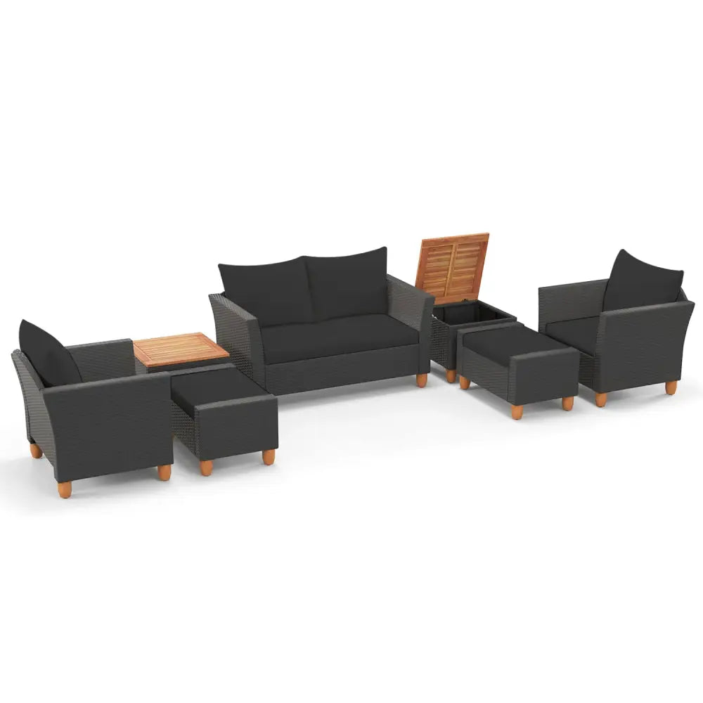 7 Pieces Patio Furniture PE Rattan Sectional Sofa Set with Armchairs and Table-Black - Black - Patio Conversation Sets
