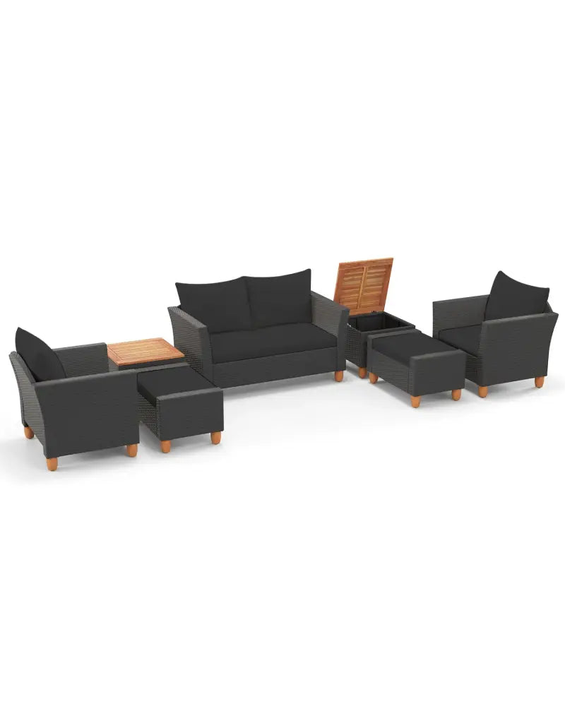 7 Pieces Patio Furniture PE Rattan Sectional Sofa Set with Armchairs and Table-Black - Black - Patio Conversation Sets