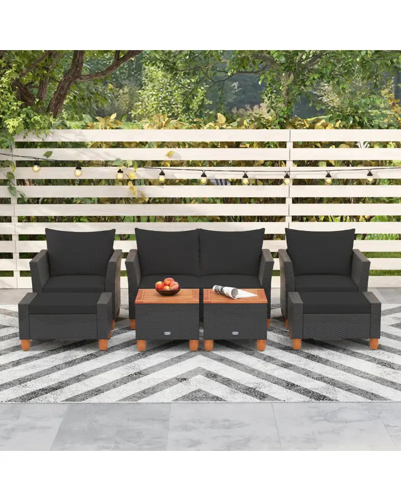 7 Pieces Patio Furniture PE Rattan Sectional Sofa Set with Armchairs and Table-Black - Black - Patio Conversation Sets