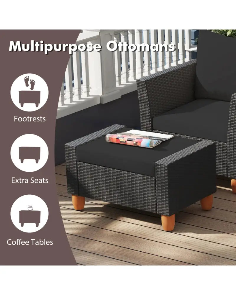 7 Pieces Patio Furniture PE Rattan Sectional Sofa Set with Armchairs and Table-Black - Black - Patio Conversation Sets