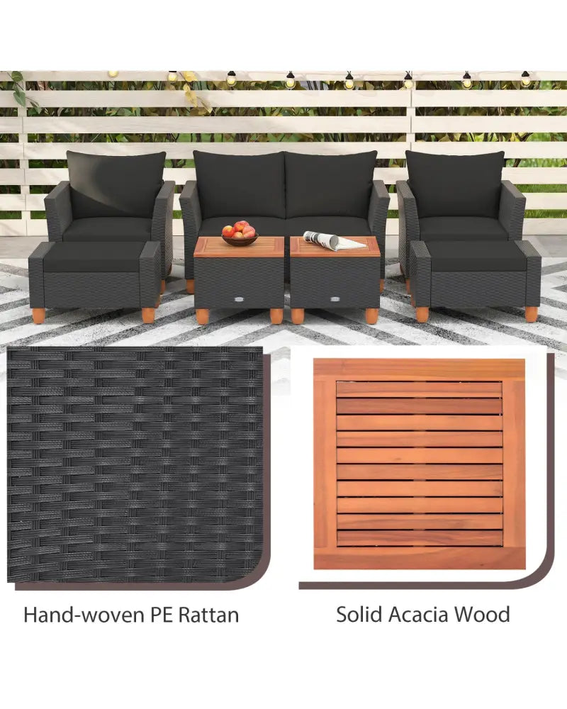 7 Pieces Patio Furniture PE Rattan Sectional Sofa Set with Armchairs and Table-Black - Black - Patio Conversation Sets