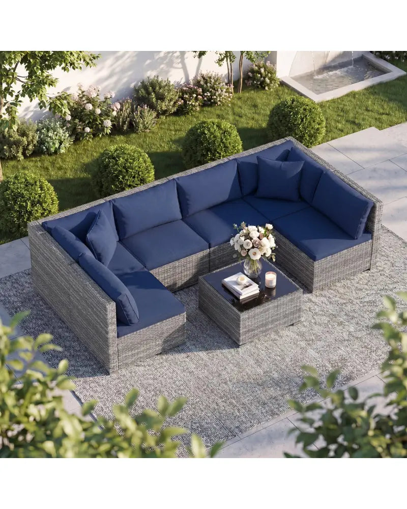 7 Pieces Patio Furniture Set PE Rattan Sectional Sofas with Tempered Glass Coffee Table-Navy - Navy - Patio