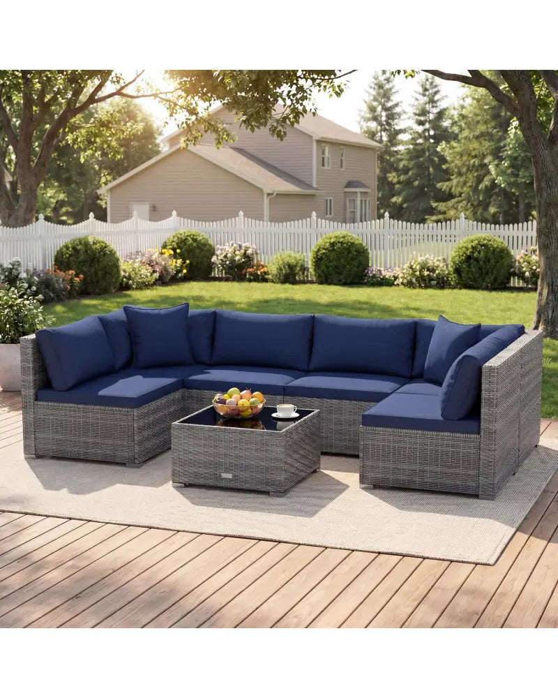7 Pieces Patio Furniture Set PE Rattan Sectional Sofas with Tempered Glass Coffee Table-Navy - Navy - Patio