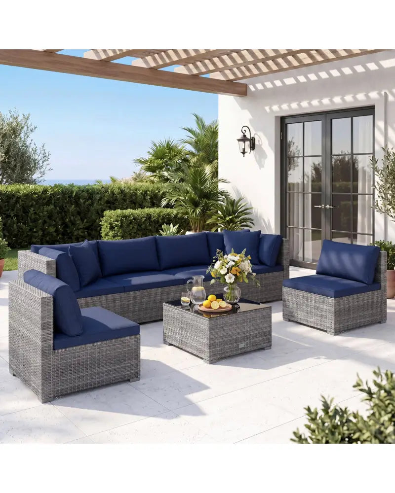 7 Pieces Patio Furniture Set PE Rattan Sectional Sofas with Tempered Glass Coffee Table-Navy - Navy - Patio