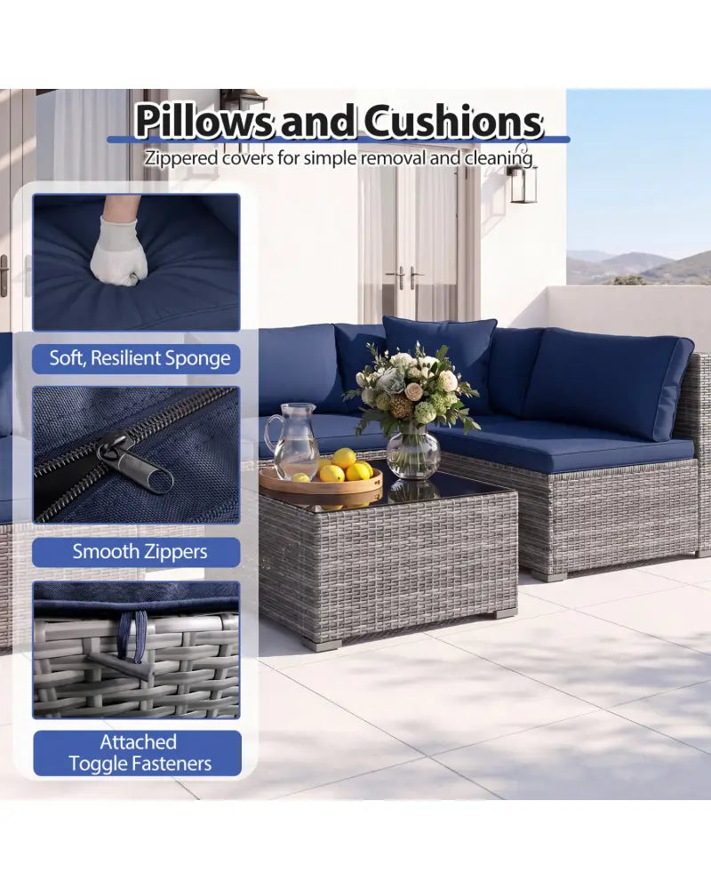 7 Pieces Patio Furniture Set PE Rattan Sectional Sofas with Tempered Glass Coffee Table-Navy - Navy - Patio