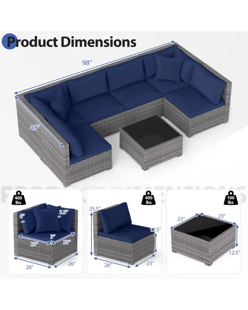 7 Pieces Patio Furniture Set PE Rattan Sectional Sofas with Tempered Glass Coffee Table-Navy - Navy - Patio