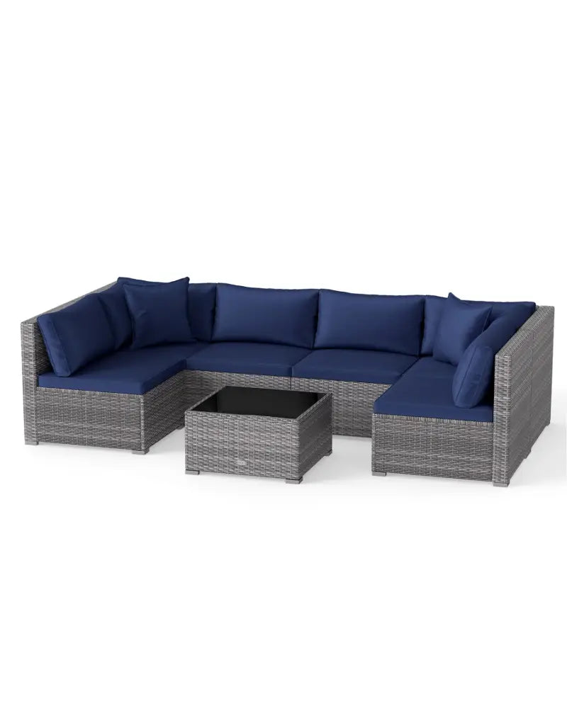 7 Pieces Patio Furniture Set PE Rattan Sectional Sofas with Tempered Glass Coffee Table-Navy - Navy - Patio