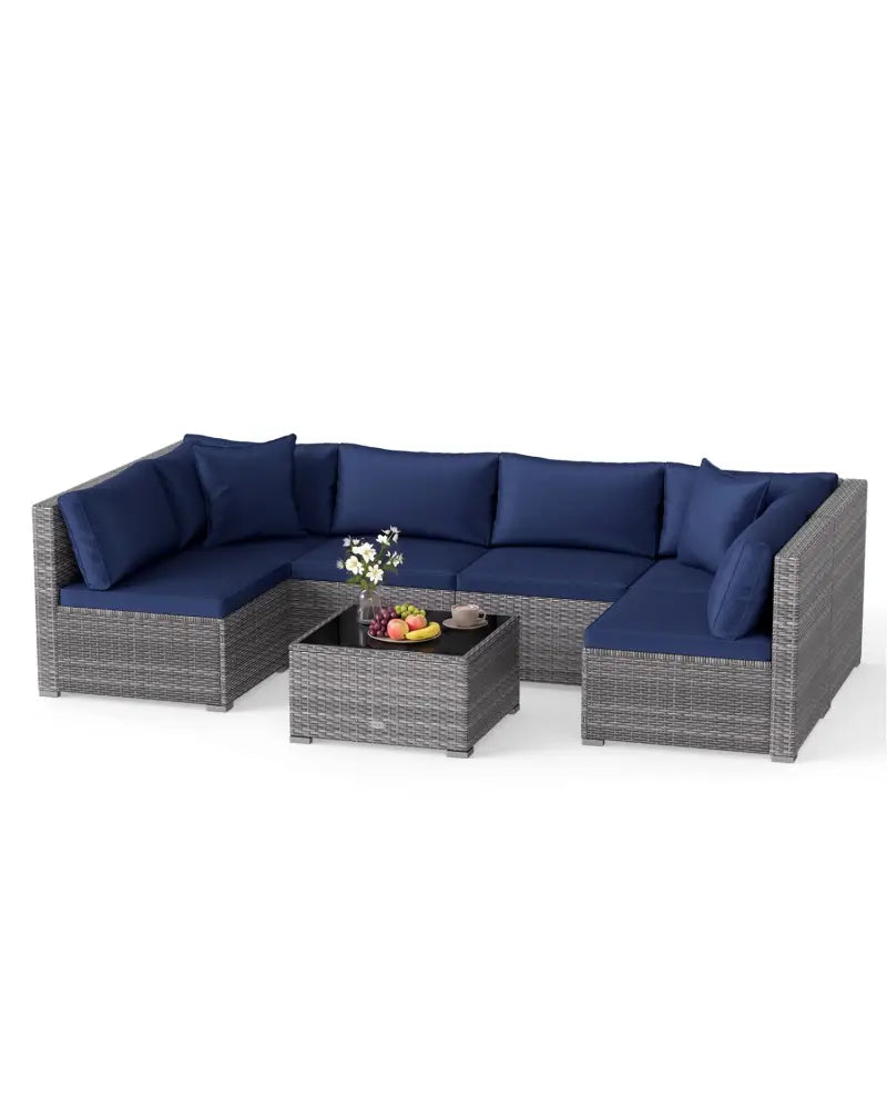 7 Pieces Patio Furniture Set PE Rattan Sectional Sofas with Tempered Glass Coffee Table-Navy - Navy - Patio