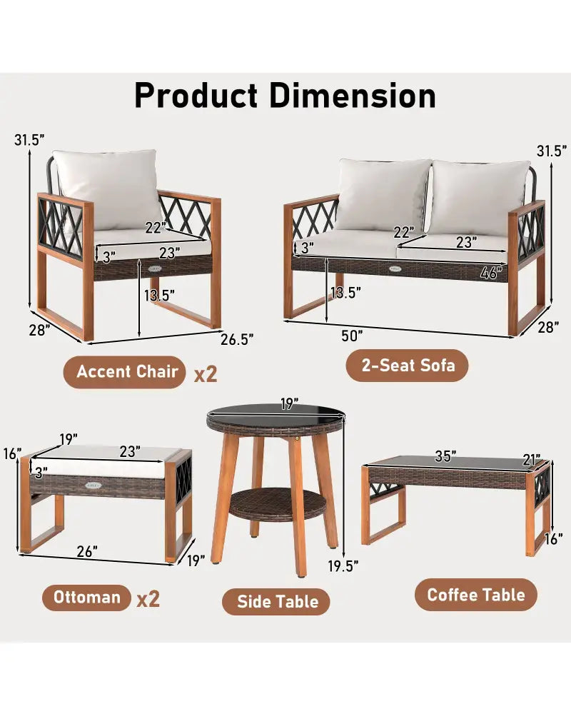 7 Pieces Patio Furniture Set PE Wicker Acacia Wood Outdoor Conversation Set - Patio Conversation Sets