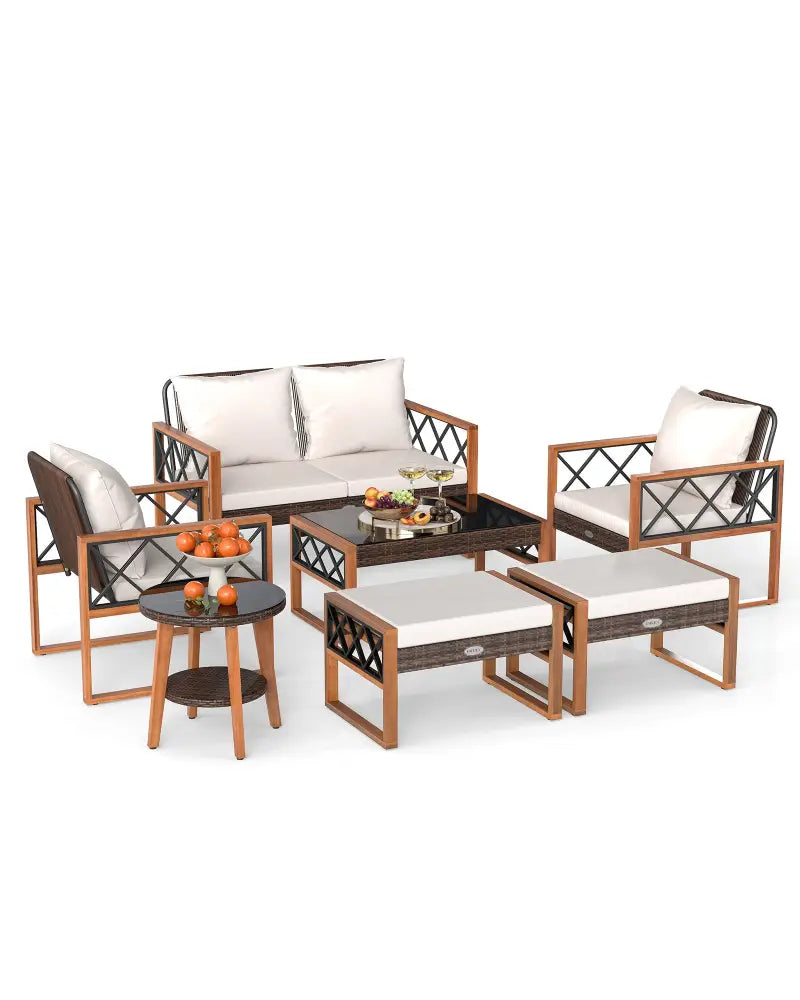 7 Pieces Patio Furniture Set PE Wicker Acacia Wood Outdoor Conversation Set - Patio Conversation Sets