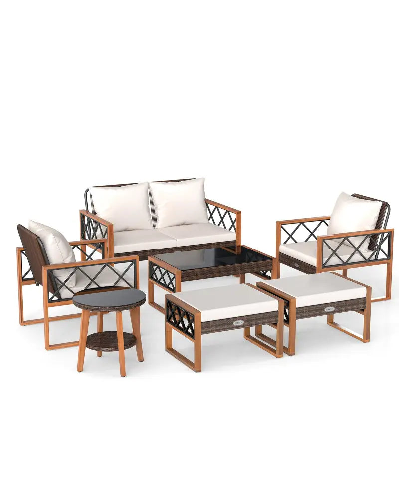 7 Pieces Patio Furniture Set PE Wicker Acacia Wood Outdoor Conversation Set - Patio Conversation Sets