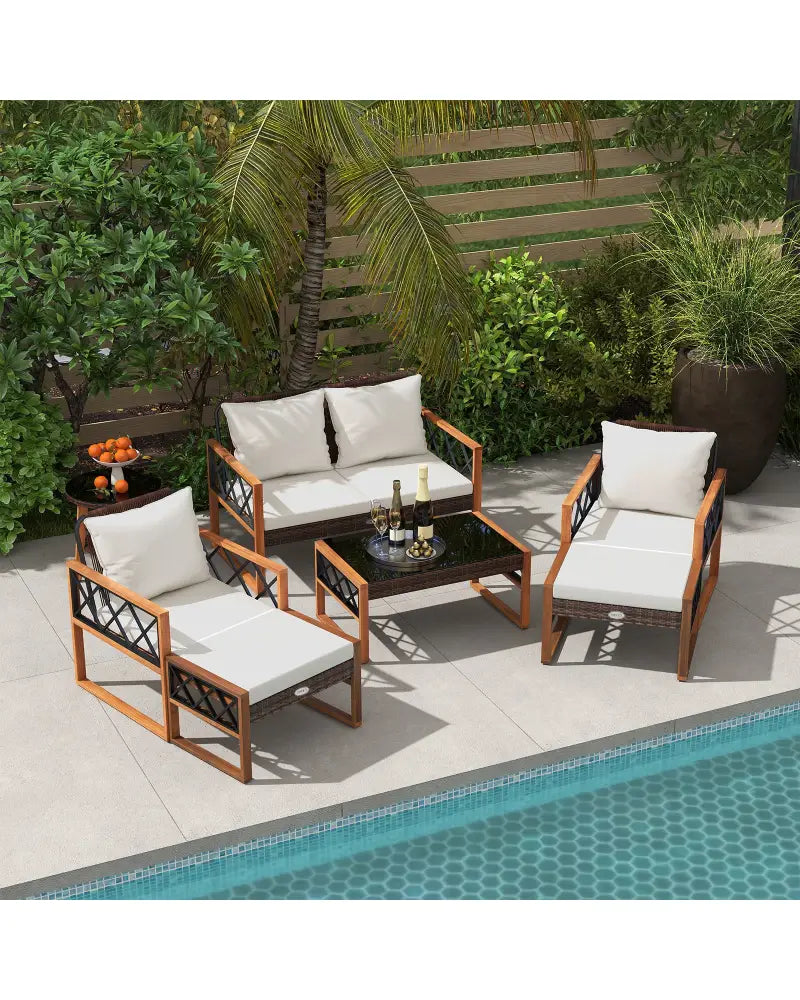 7 Pieces Patio Furniture Set PE Wicker Acacia Wood Outdoor Conversation Set - Patio Conversation Sets