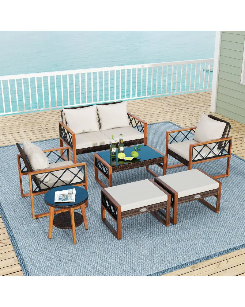 7 Pieces Patio Furniture Set PE Wicker Acacia Wood Outdoor Conversation Set - Patio Conversation Sets