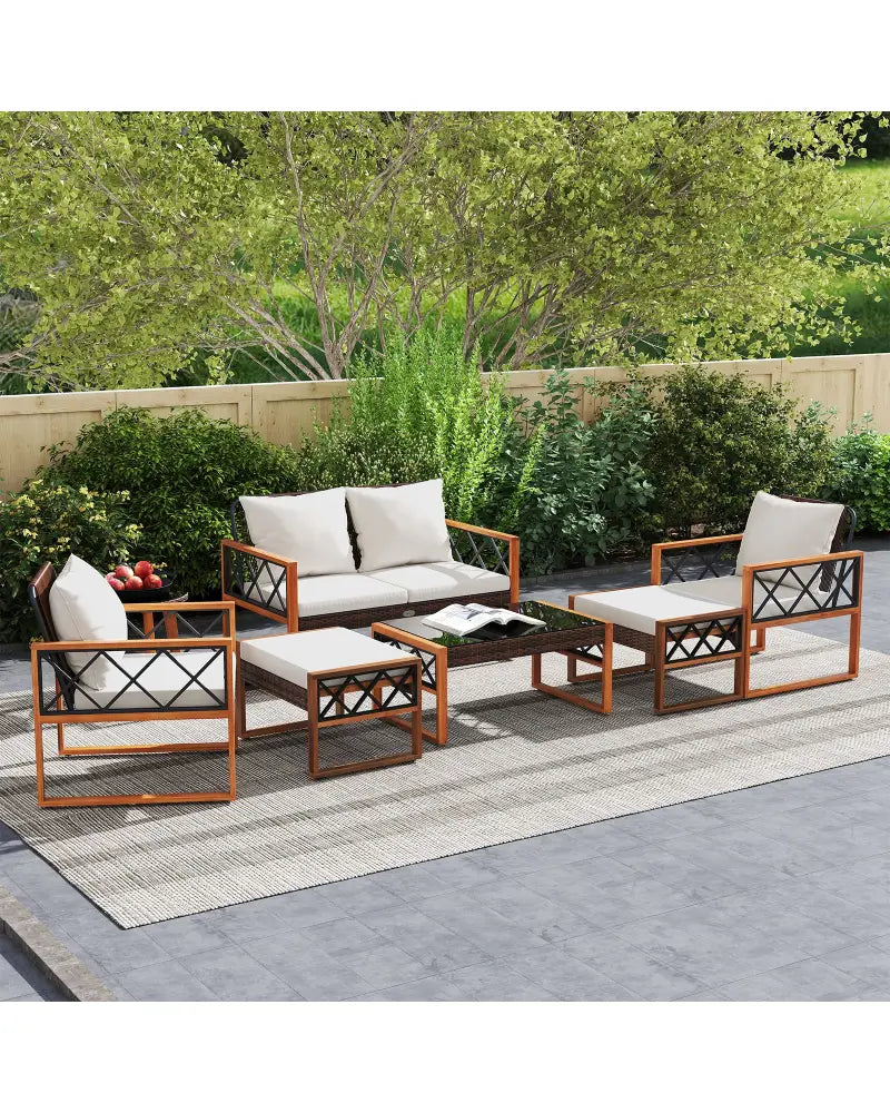 7 Pieces Patio Furniture Set PE Wicker Acacia Wood Outdoor Conversation Set - Patio Conversation Sets