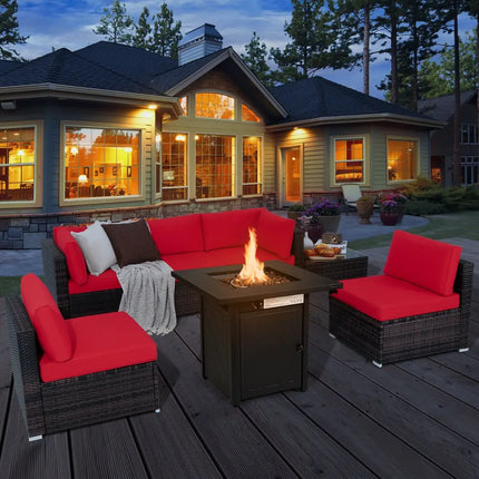 7 Pieces Patio Furniture Set with 28 Inches 50000 BTU Propane Gas Fire Pit Table-Red - Red - Patio Furniture Sets