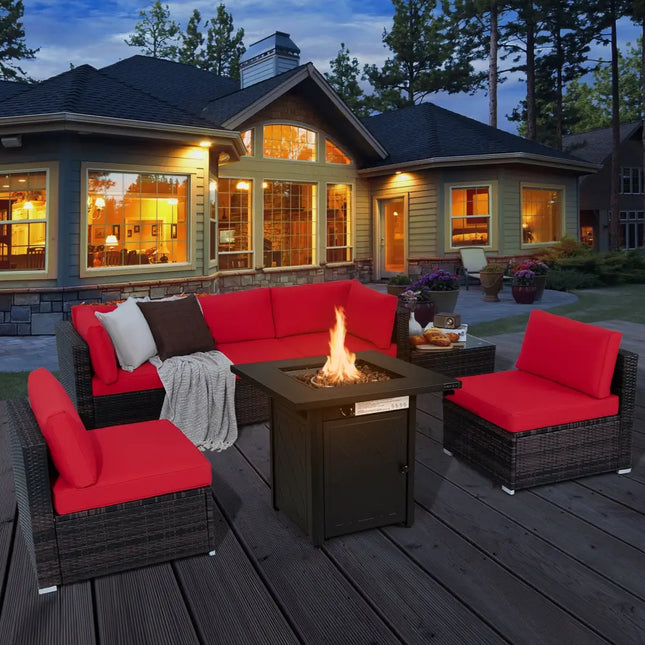 7 Pieces Patio Furniture Set with 28 Inches 50000 BTU Propane Gas Fire Pit Table-Red - Red - Patio Furniture Sets